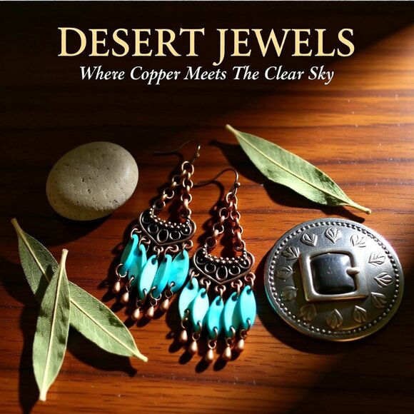 Hand Crafted Jewelry - SouthWestern ~ Coastal Cowgirl! Chandelier Dangle Earrings! Copper & Aqua Shell